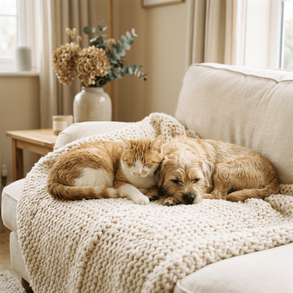Orange and white cat and small tan dog sleeping together on cream knitted blanket on beige sofa