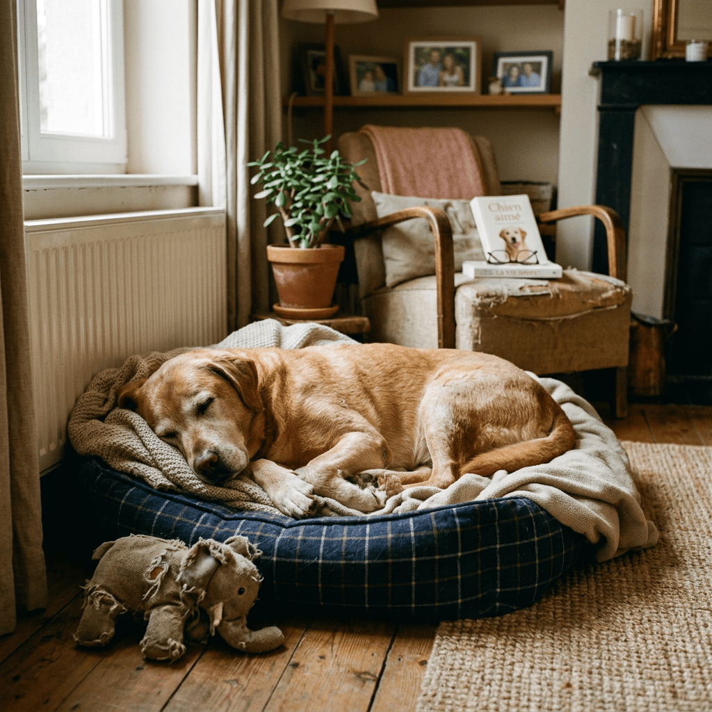Golden retriever dog sleeping on a cushioned bed beside a stuffed toy elephant in a warm living room.