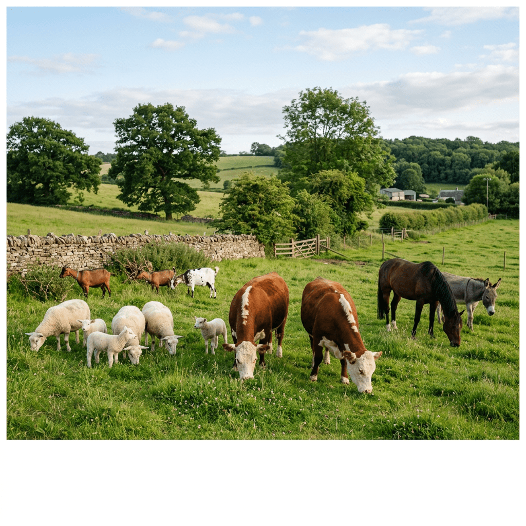 Cows, sheep, goats, a horse, and a donkey grazing in a green pasture with trees and stone fence.